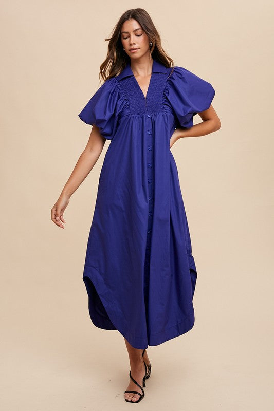 Annie Wear Smocked Puff Sleeve Midi Dress