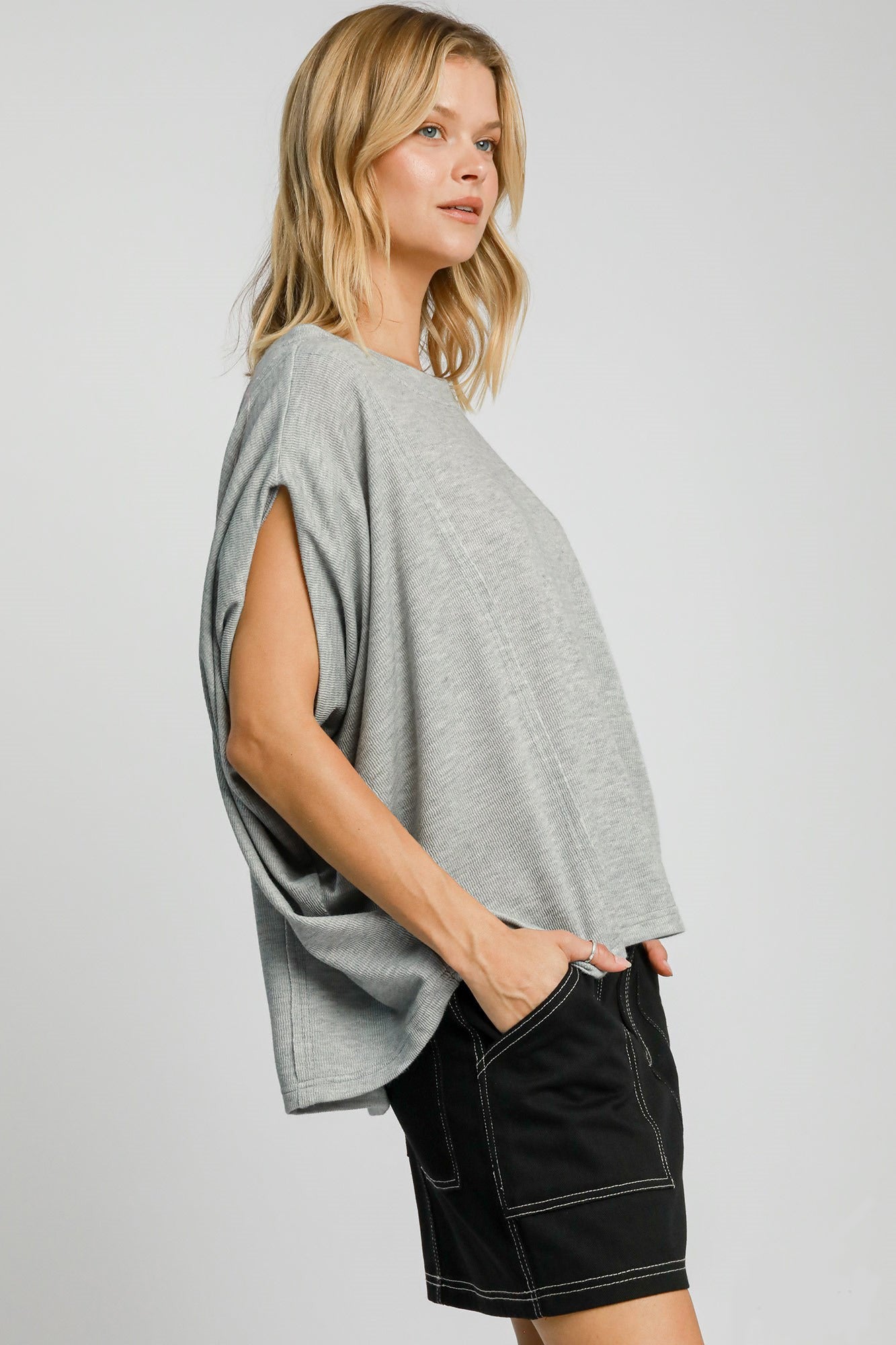 Umgee Exposed Seam Round Neck Batwing Sleeve Knit Top