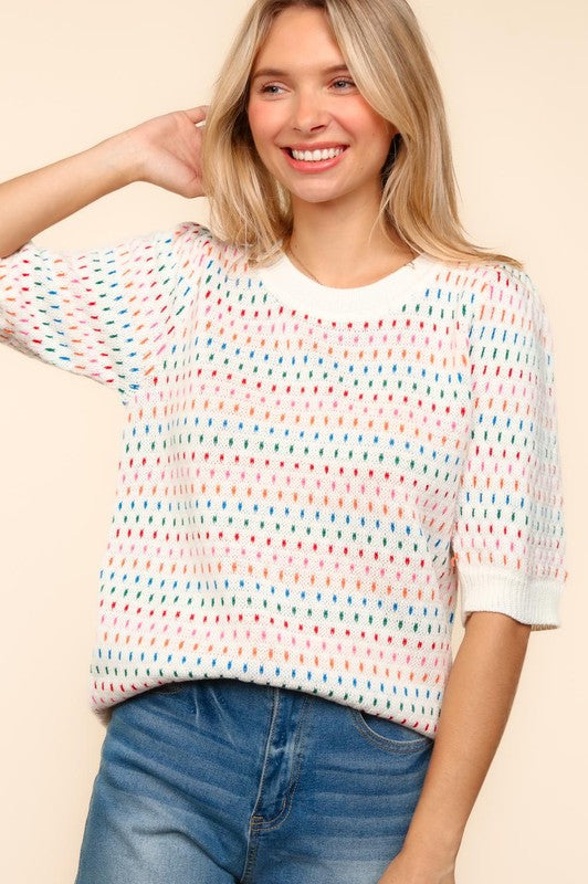 Haptics Round Neck Half Sleeve Multi Color Knit Top