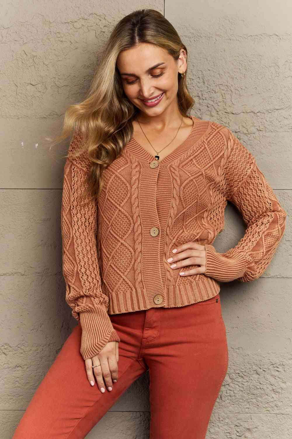 HEYSON Soft Focus Full Size Wash Cable Knit Cardigan