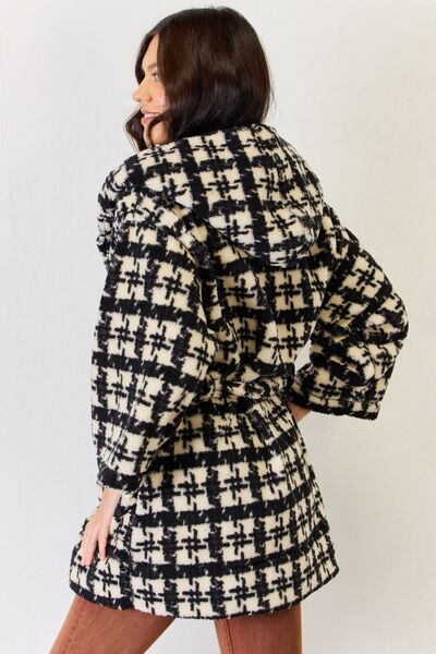 J.NNA Fuzzy Plaid Waist Tie Hooded Robe Cardigan