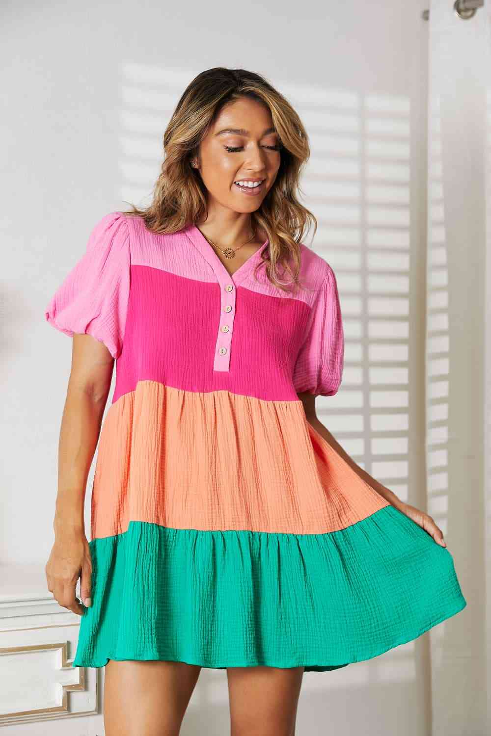 Double Take Color Block Buttoned Puff Sleeve Dress