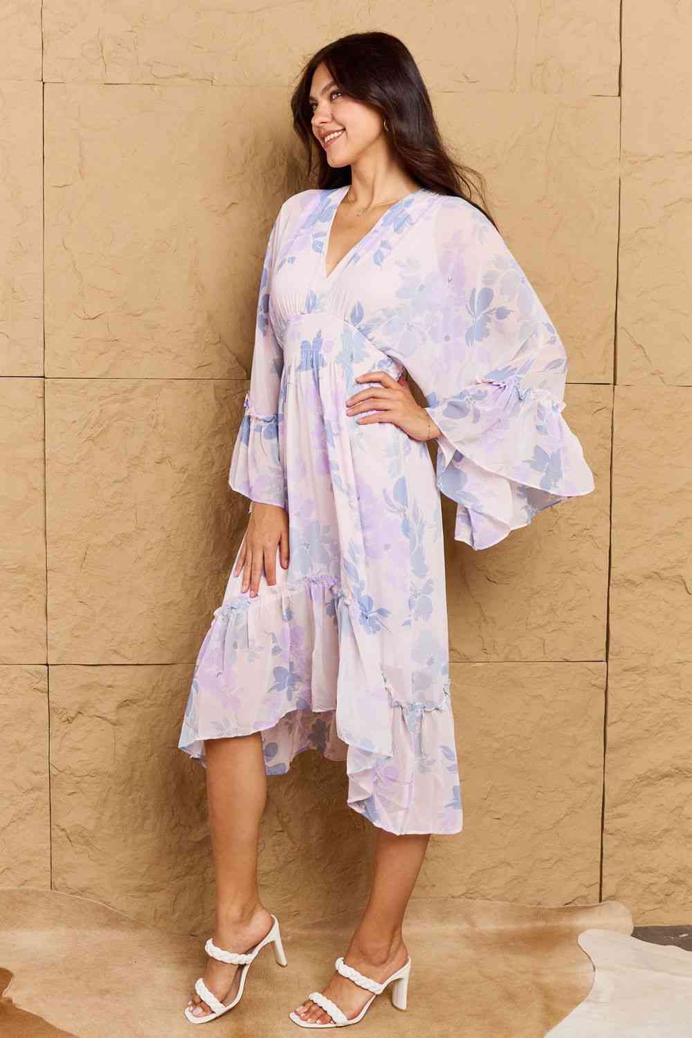 OneTheLand Take Me With You Floral Bell Sleeve Midi Dress in Blue