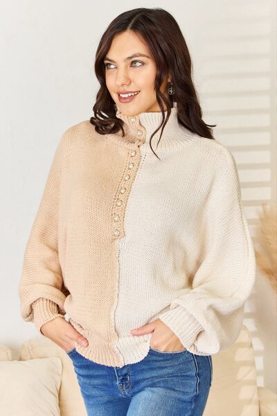 POL Pearl Detail Contrast Turtleneck Sweater