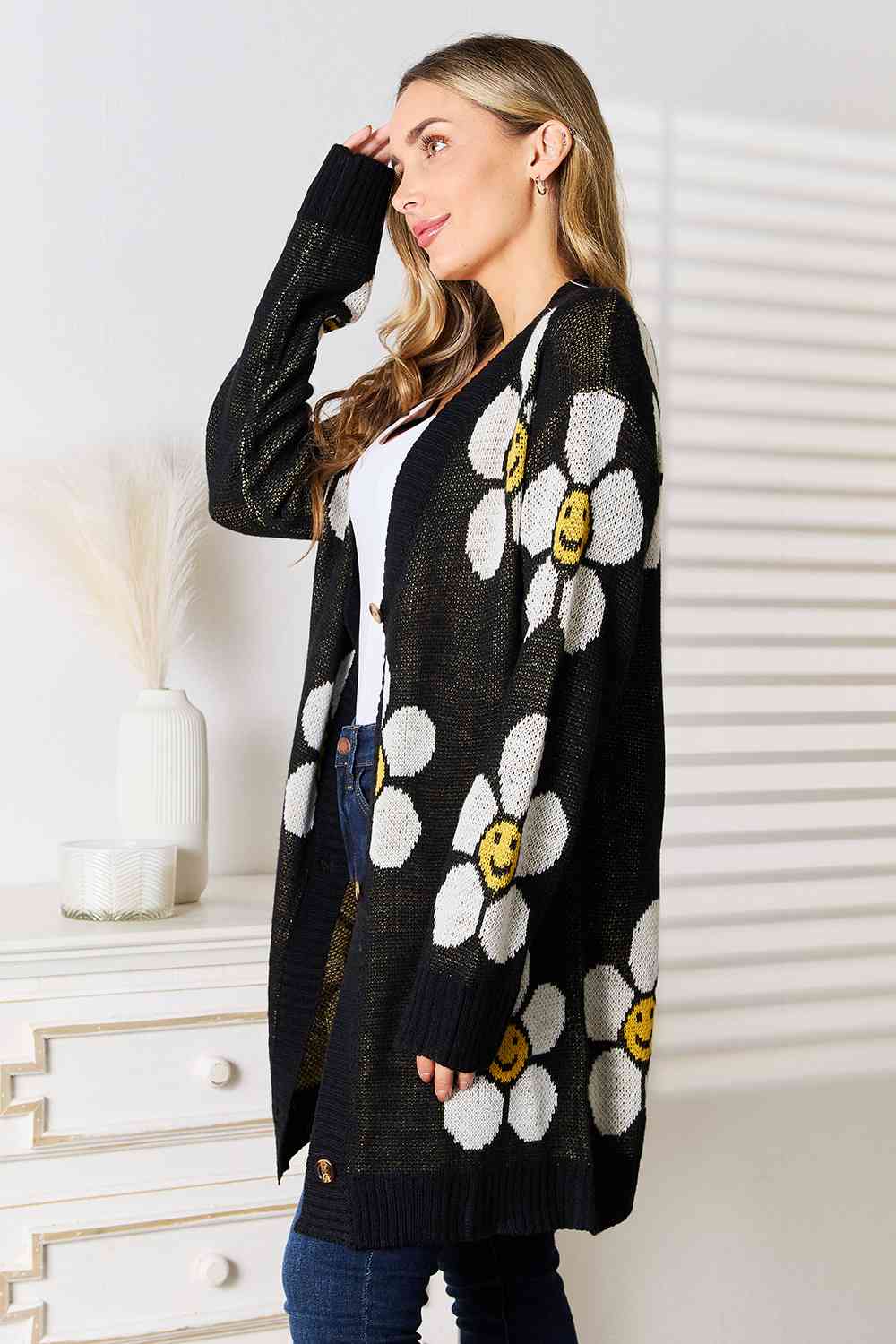 Double Take Floral Button Down Longline Cardigan