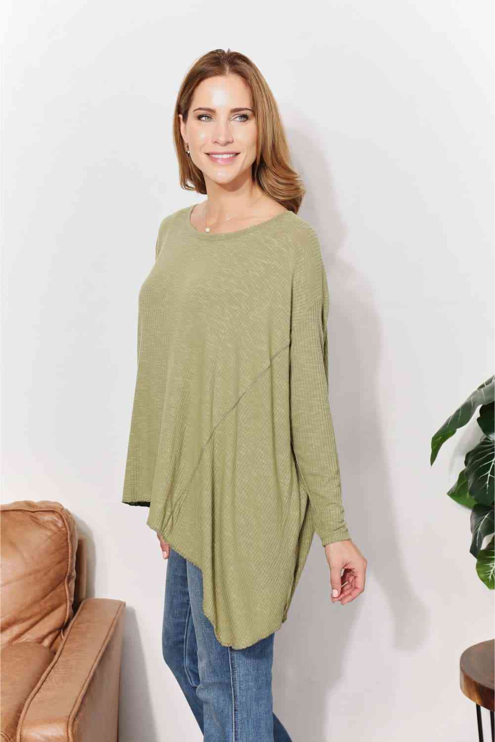 HEYSON Full Size Oversized Super Soft Rib Layering Top with a Sharkbite Hem and Round Neck