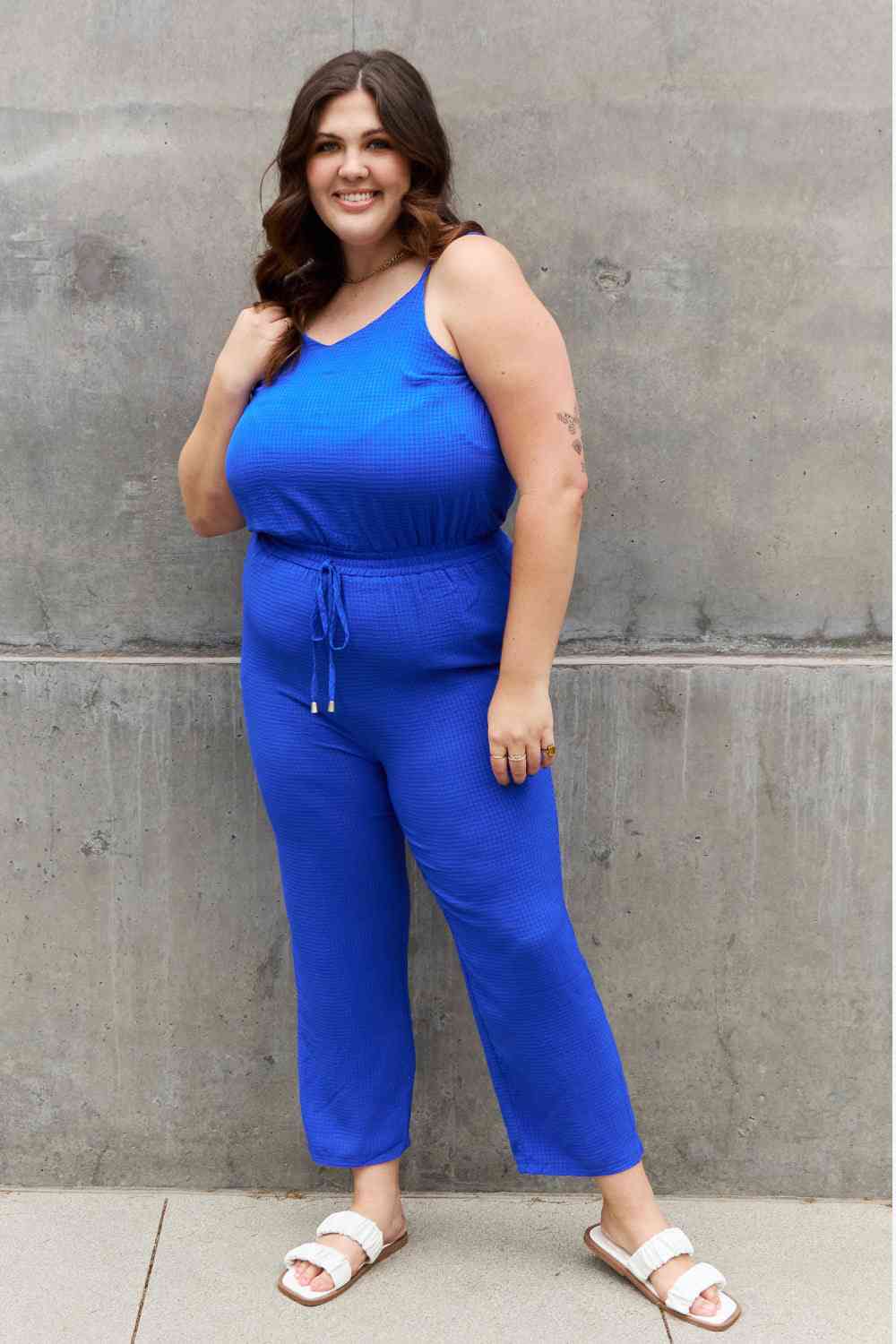 ODDI Full Size Textured Woven Jumpsuit in Royal Blue